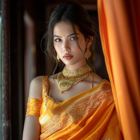Elegance in Gold: Indian Beauty in Yellow Sari - A Stunning Portrait by Dave Melvin