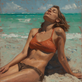 Emerald Coast Serenity: A Detailed Oil Painting of an Irish Bikini Model Enjoying the Beach Sky