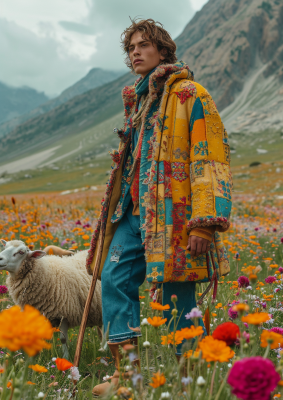 Emerald Serenity: Amir Zand in a Blooming Meadow, Holding a Sheep, with Majestic Mountains and Ethereal Clouds