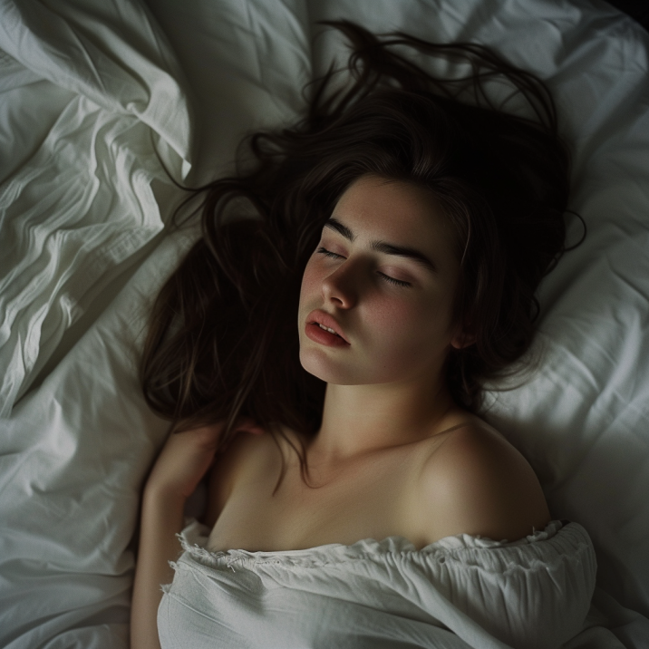 En suenos con Fiona Stephenson Modelo de lenceria espanola en cama ojos cerrados pelo al viento iFoto