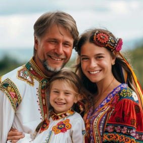 Folk Art Harmony: Ukrainian Family Portrait with Colorful Dress