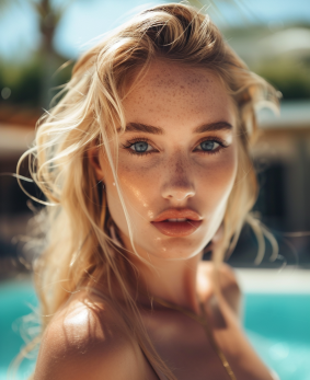 Freckled Beauty by the Pool: A Photorealistic Portrait of Anna Katharina Block in a Venezuelan Bikini
