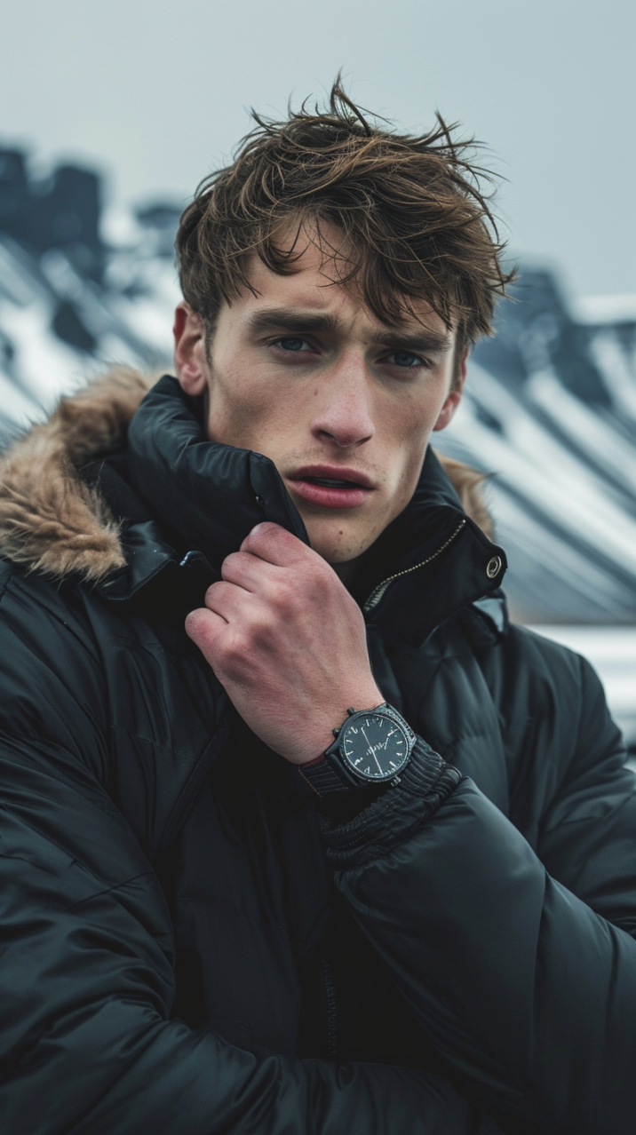 Glacial Elegance: Alexander Kucharsky in Tech Wear, Adorned with a Watch,  Against Snowy Mountain Backdrop | iFoto