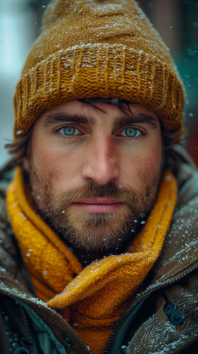 Golden Elegance: Portrait of Adam Paquette, Ukrainian Male Model with Sharp Eyes, Beard, and Stylish Accessories