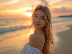 Golden Grecian Goddess: Elina Karimova's Sunset Beauty by the Sea