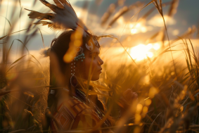 Golden Hour Elegance: Native American Young Model in Sunset Field