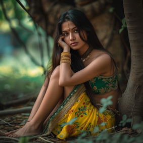 Golden Serenity: Portrait of an Indian Woman Amidst Nature by Bholekar Srihari