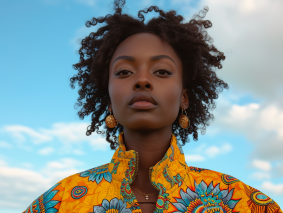 Golden Skies: Afrofuturism Portrait of Chinwe Chukwuogo-Roy, Embracing Heritage and Cosmic Beauty