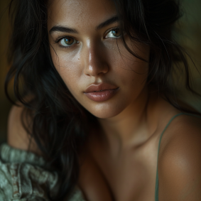 Green Elegance: Elina Karimova's Romantic Portrait with Piercing Eyes