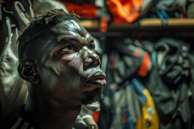 Gritty Neo-Fauvist Portrait: Haitian Teenage Model with Face Paint and Sports Equipment