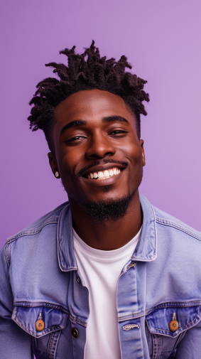 Harlem Elegance: Smiling Male Modelling in Purple Studio Portrait by Cosmo Alexander