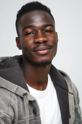 Harlem Renaissance Glamour: Character Portrait of a Smiling Mauritanian Male Model in Classic Jacket
