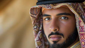 Hurufiyya Elegance: Portrait of an Arabian Model Gazing Intensely with Traditional Headdress