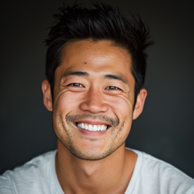 Javanese Joy: Smiling Male Model in White Shirt Captured with Precisionism by RossDraws