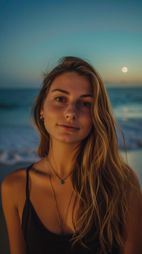 Moonlit Serenity: Caro Niederer's Aesthetic Portrayal of America's Model on the Beach