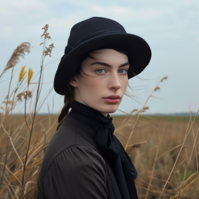 Neo-Romantic Elegance: Brigid Derham in Black Coat Amidst Ethereal Skies