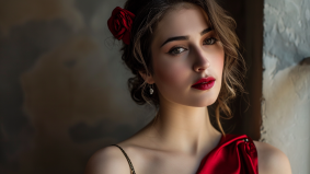 Scarlet Splendor: Elina Karimova's Bewitching Portrait in Red Dress and Rose Adornments