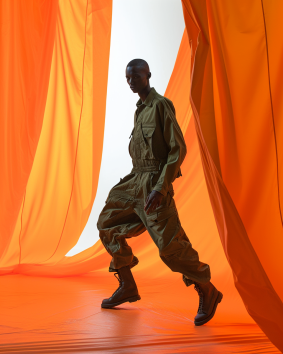 Senegalese Model: Vibrant Military Elegance Captured by Bruce Nauman in Promotional Portrait