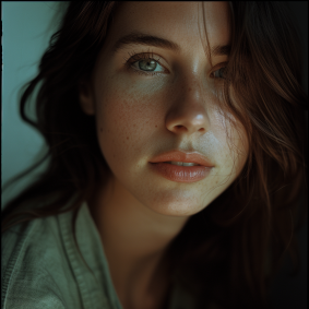 Serene Gaze: Photorealistic Portrait of Anka Zhuravleva, Serbian Young Model, Capturing Every Freckle and Blue Eyed Intensity