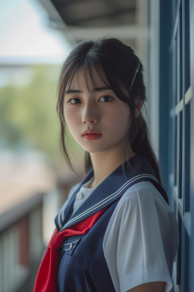 Serious Stare: Red Tie Portrait of Asian Teenage Model in Photorealistic Painting by Du Qiong