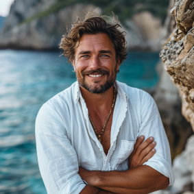 Smiling by the Aegean: Eric de Kolb - Greek Male Model Pose by the Water in Promotional Portrait