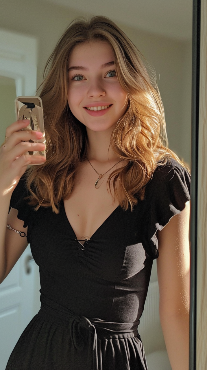 Smiling Elegance: Elina Karimova In Black Dress, Barbizon School 