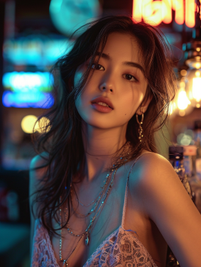 Sultry Neon Elegance: A Portrait of Beauty in a Vietnamese Bar