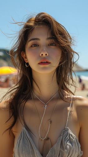 Sun-Kissed Elegance: Enchanting Beauty Captured in Italian Lingerie Model's Serene Beach Portrait
