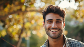 Sunlit Smiles: Indian Male Model Embracing Veradism with Plaid Shirt and Tie in Nature Setting