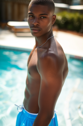 Sunlit Swagger: Derold Page Dons Swim Trunks and Headphones for a Poolside Portrait by Earl Moran