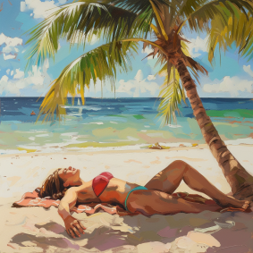 Sunny Delight: Oil Painting of a Bikini Model Relaxing on an Irish Beach, with a Sailboat in the Background