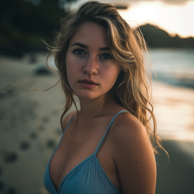 Sunset Serenity: Barbara Greg Embraces the Ocean in Blue Bikini