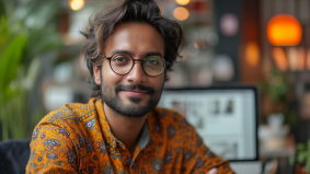 Tech Savvy: Indian Male Model Working at Home Office with Plants and Lights