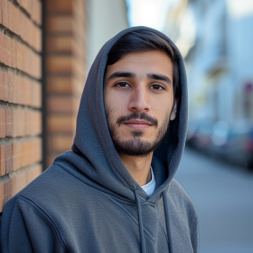 Urban Elegance: Anthony Angarola, Brazilian Male Model in Hoodie