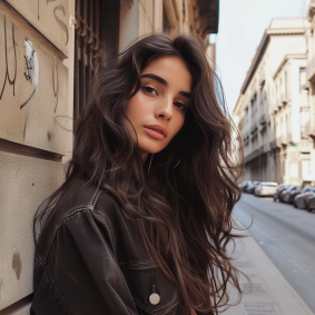 Urban Elegance: Brazilian Beauty - A Portrait of Andrea Orcagna with Windswept Dark Tresses