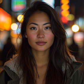 Urban Twilight Elegance: Cloisonnism Inspired Portrait of a South Korean Model