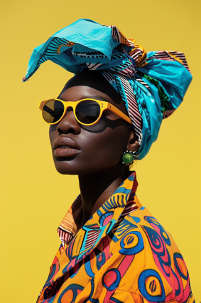 Vibrant Afrofuturism: Ugandan Model in Sunglasses and Head Scarf with Blue and Yellow Background