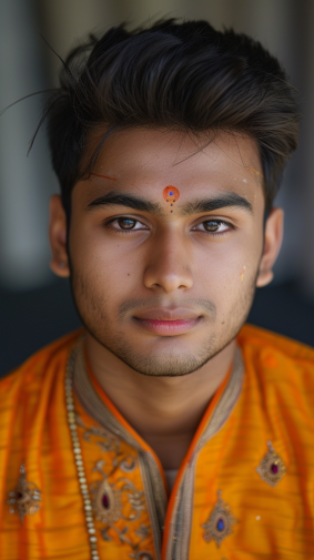 Vibrant Elegance: Portrait of Bholekar Srihari in Traditional Indian Attire and Jewelry
