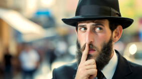Whispers of Elegance: Jewish gentleman in suit and hat, hushing secret with a finger. By Edward Ben Avram.
